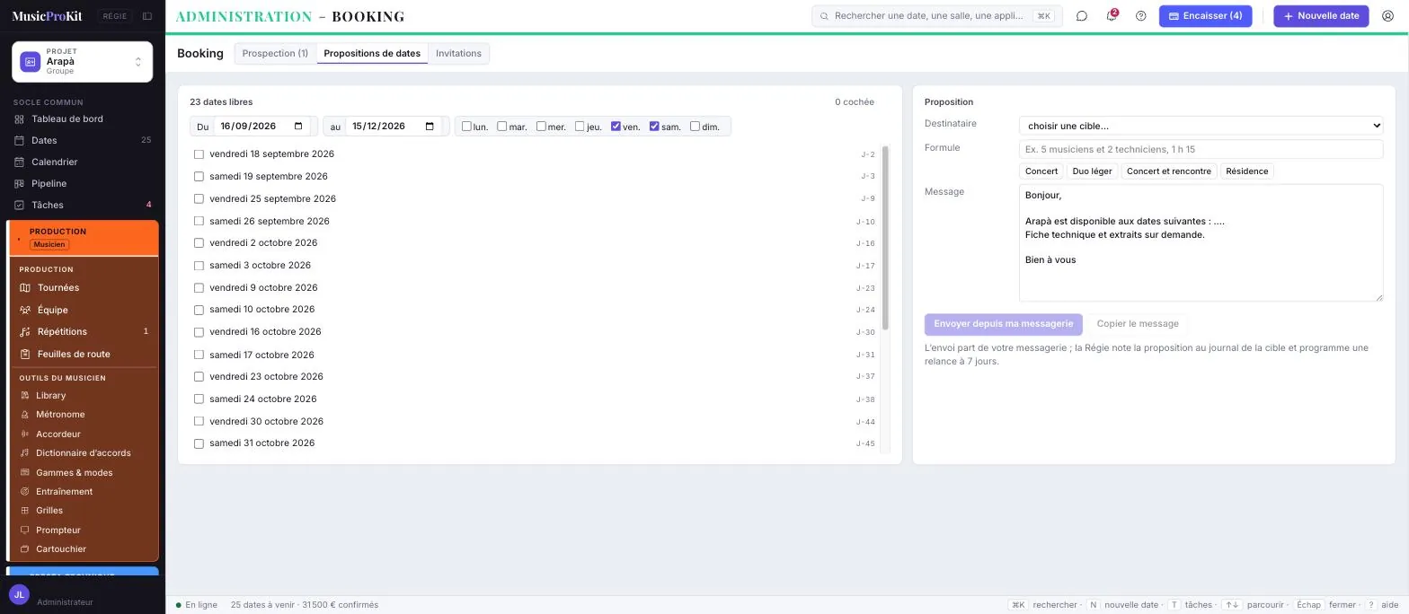 Booking et contacts — écran réel de MusicProKit