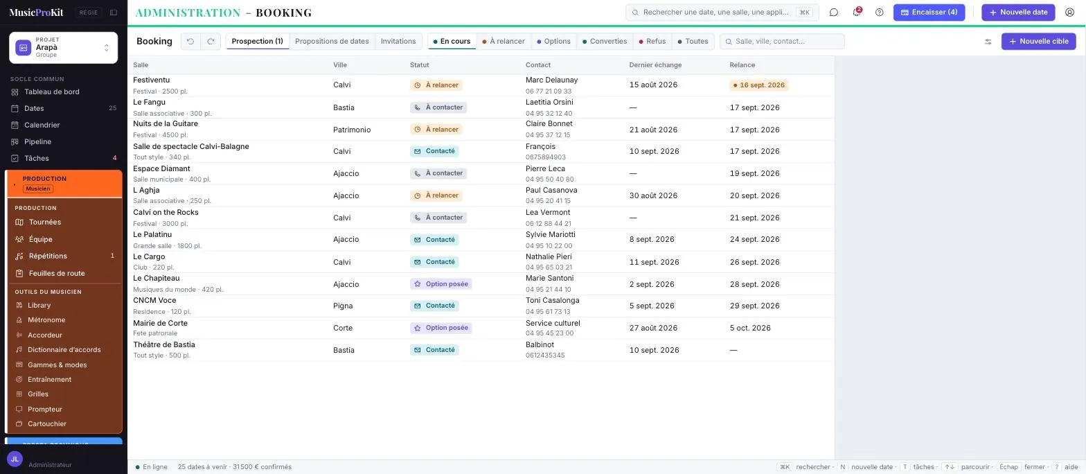 Booking et contacts — écran réel de MusicProKit