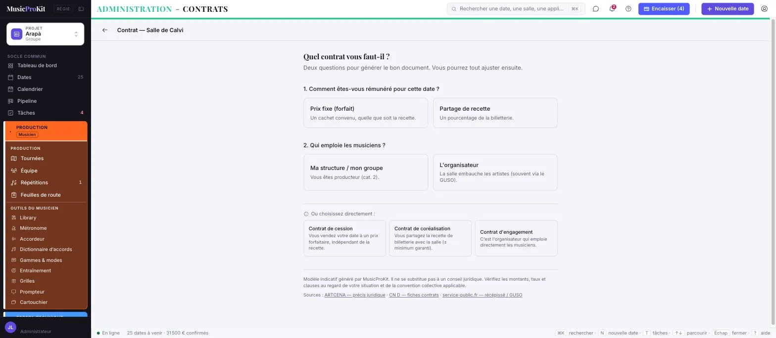 Contrats — écran réel de MusicProKit