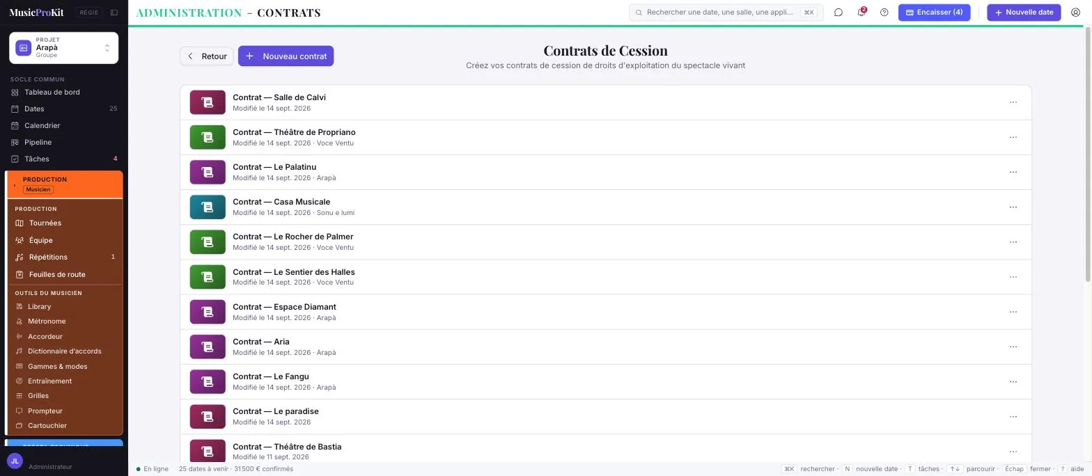Contrats — écran réel de MusicProKit