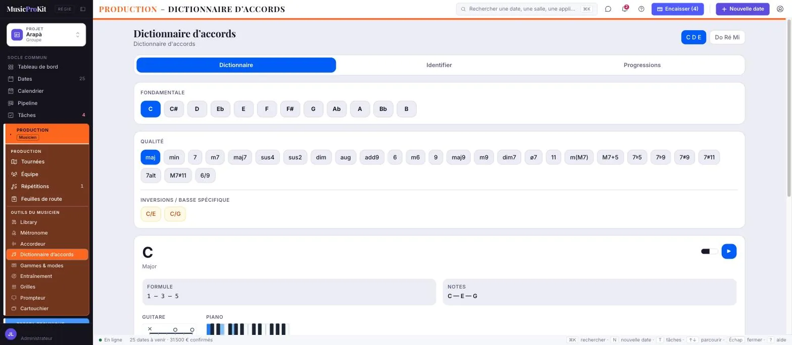 Dictionnaire d'accords — écran réel de MusicProKit