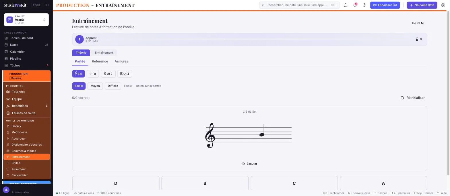 Entraînement — écran réel de MusicProKit