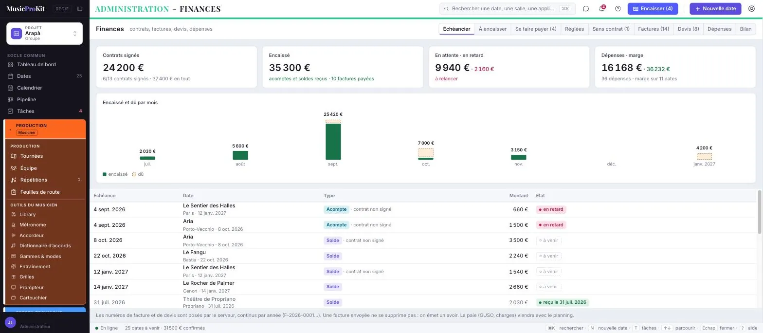 Finances — écran réel de MusicProKit