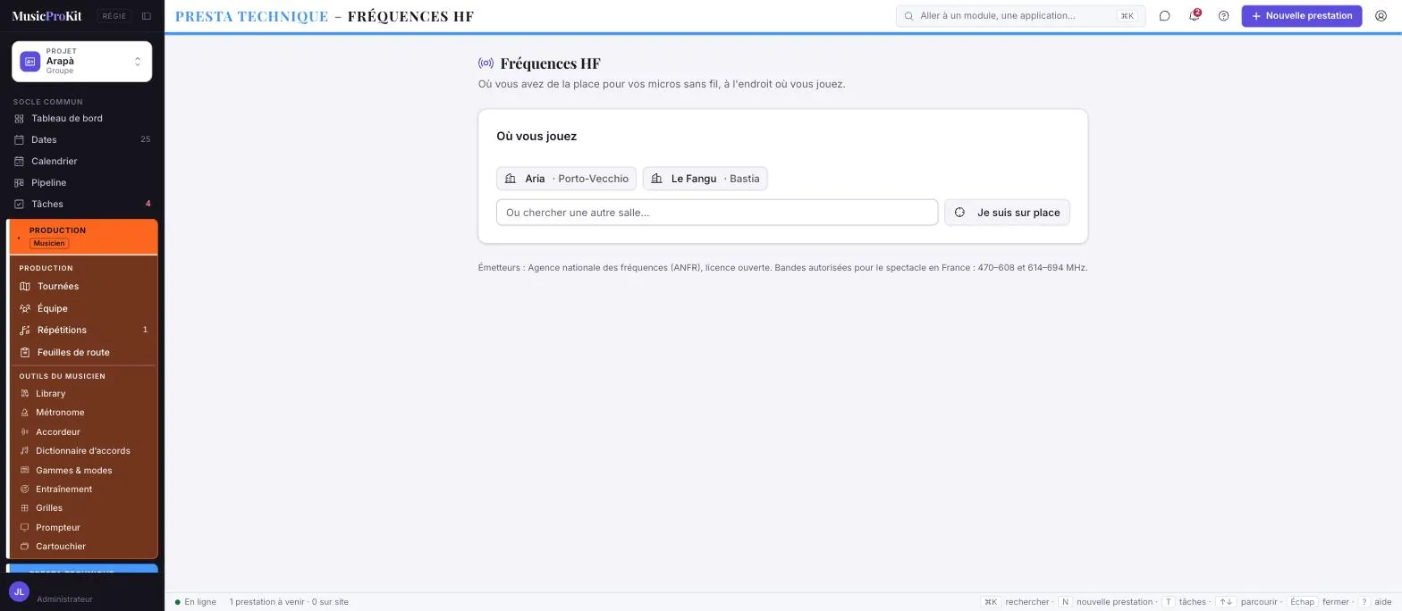 Fréquences HF — écran réel de MusicProKit