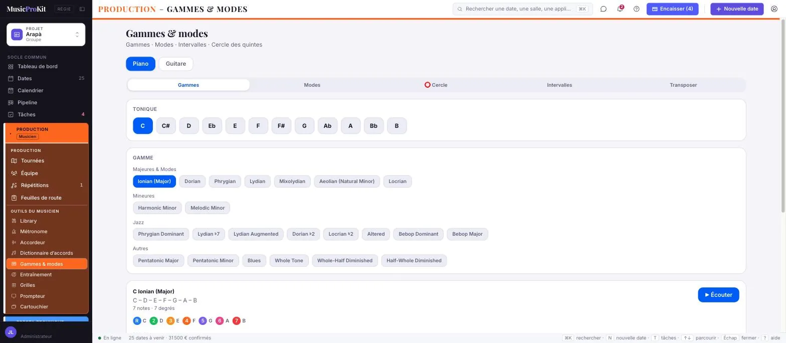 Gammes et modes — écran réel de MusicProKit