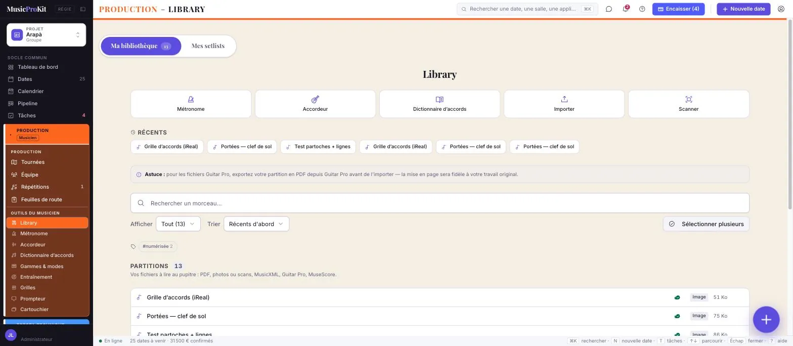 Library — écran réel de MusicProKit
