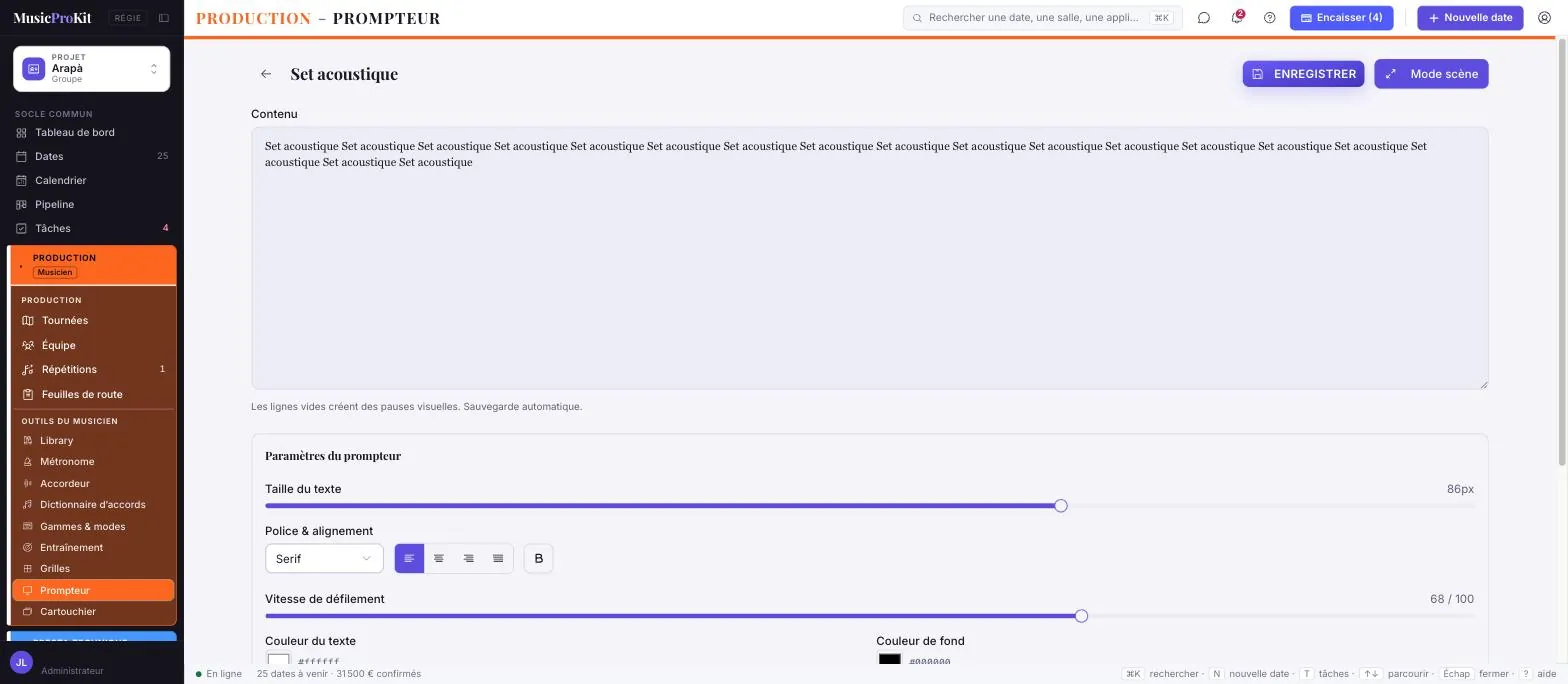 Prompteur — écran réel de MusicProKit