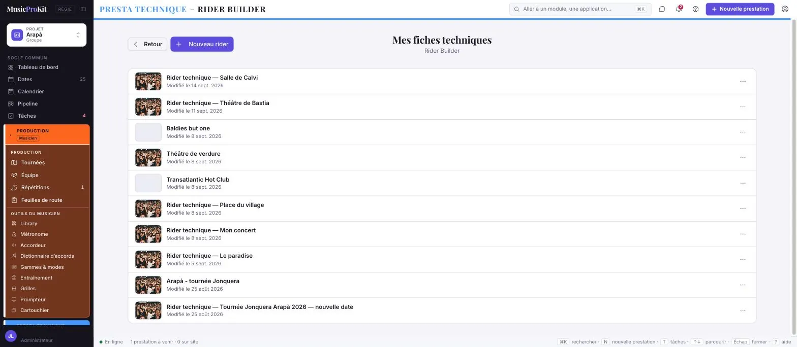 Rider Builder — écran réel de MusicProKit